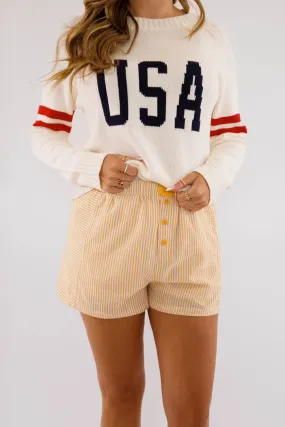 Very Fitting Shorts-Yellow Stripe Trendy Appeal Chilly Weather Comfort
