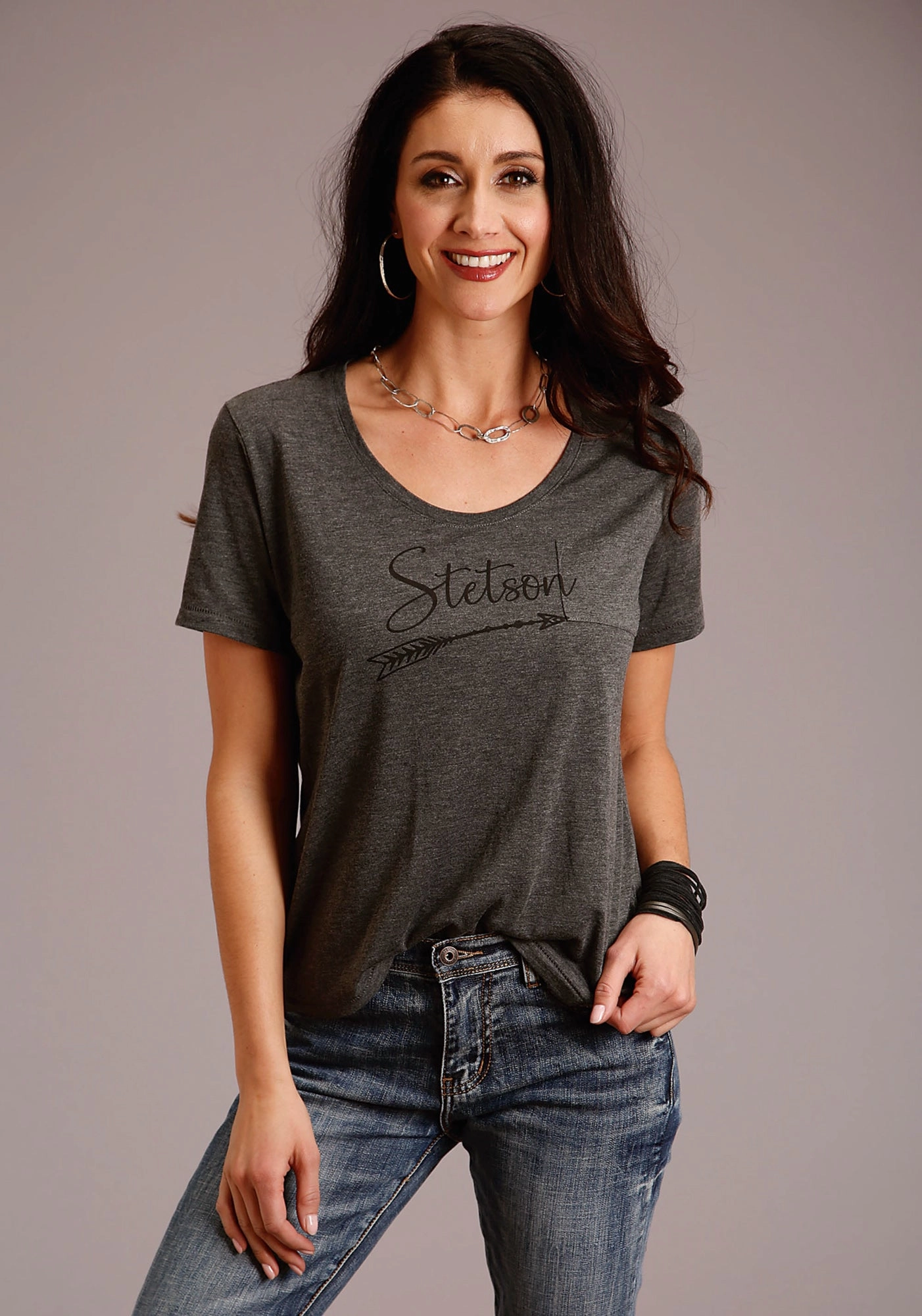 Stetson Womens Grey Polyester Logo Script S/S Arrow T-Shirt EasyCare Fabric Lounge Comfort