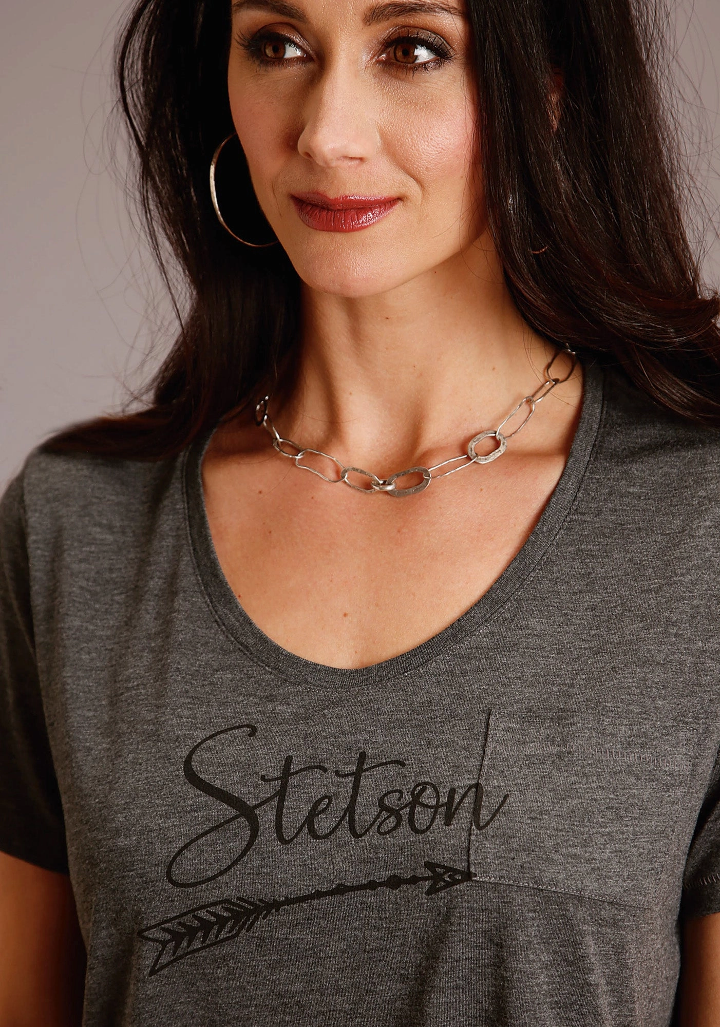 Stetson Womens Grey Polyester Logo Script S/S Arrow T-Shirt Cozy Feel