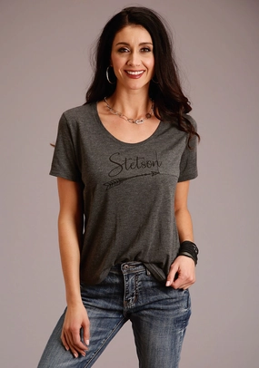 Stetson Womens Grey Polyester Logo Script S/S Arrow T-Shirt Camouflage Style City Exploration