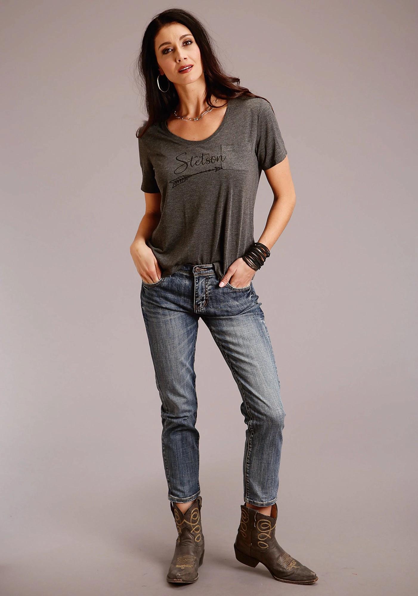 Smooth zipper closure Stetson Womens Grey Polyester Logo Script S/S Arrow T-Shirt