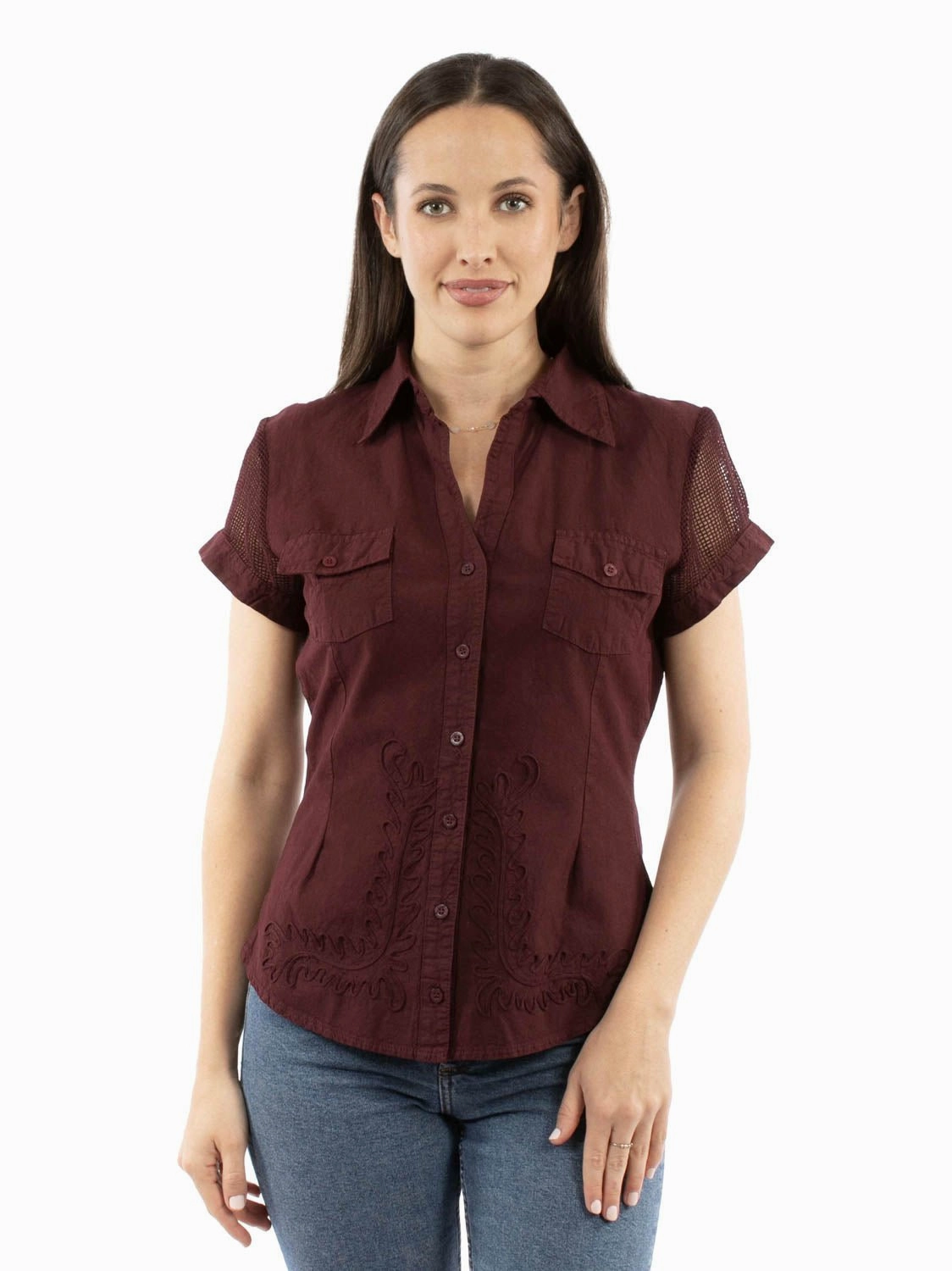 Scully Womens Mesh Cantina Burgundy 100% Cotton S/S Shirt Tailored Cuffs Breathable Lining