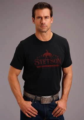 Stetson Mens Black 100% Cotton Man On Horse S/S T-Shirt Everyday Essential Clean Edge Trim
