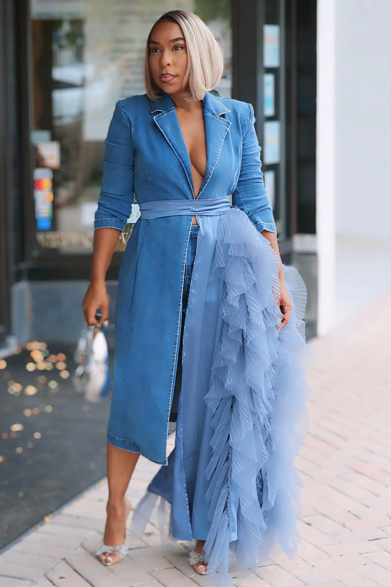 Viola Lux Waterfall Blazer Dress -Denim One For All Smart Style