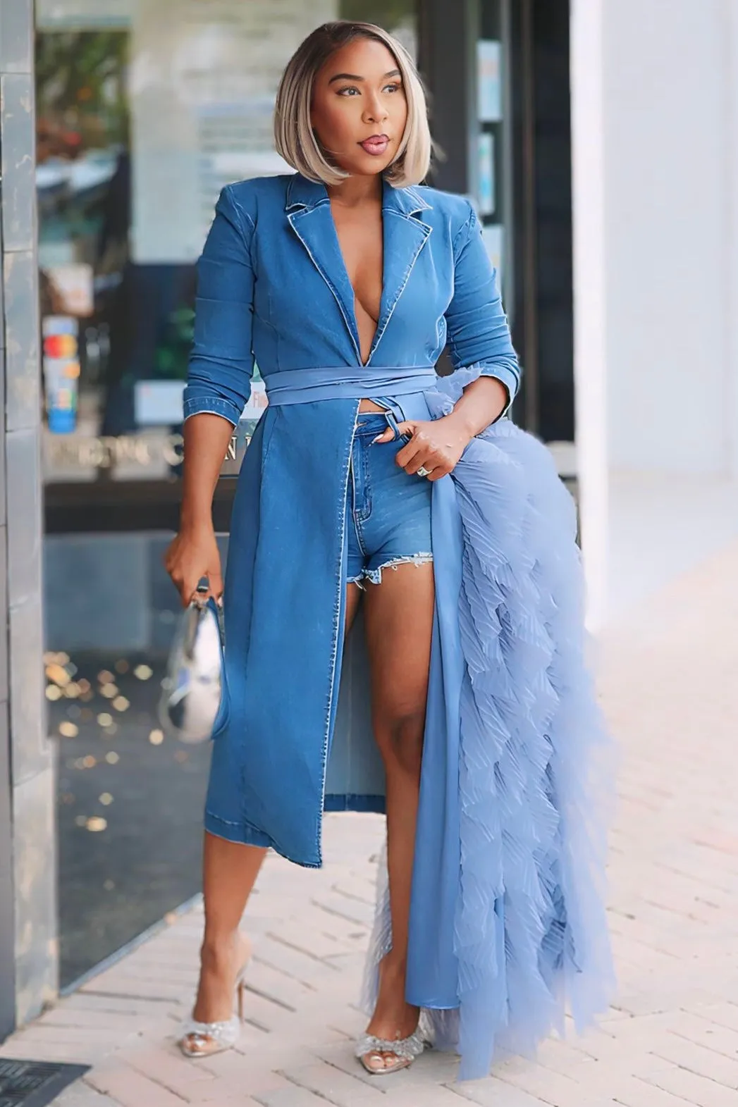 Viola Lux Waterfall Blazer Dress -Denim Effortless Style Sustainable Beach Day