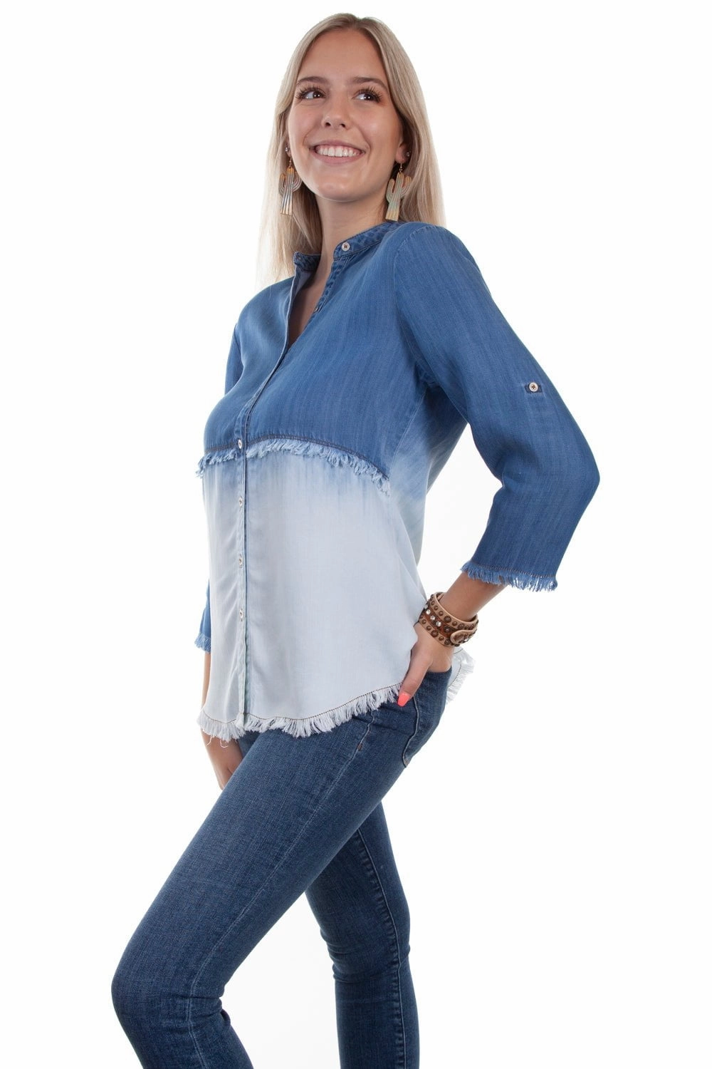 Youthful Vibe High-End Look Scully Womens Denim Tencel Dip Dye S/S Blouse