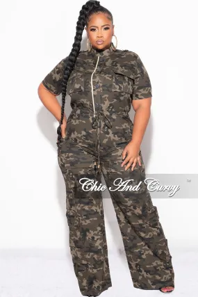 Final Sale Plus Size Button Up Short Sleeve Cargo Jumpsuit in Camouflage Print Sport Comfort Cozy and Relaxed