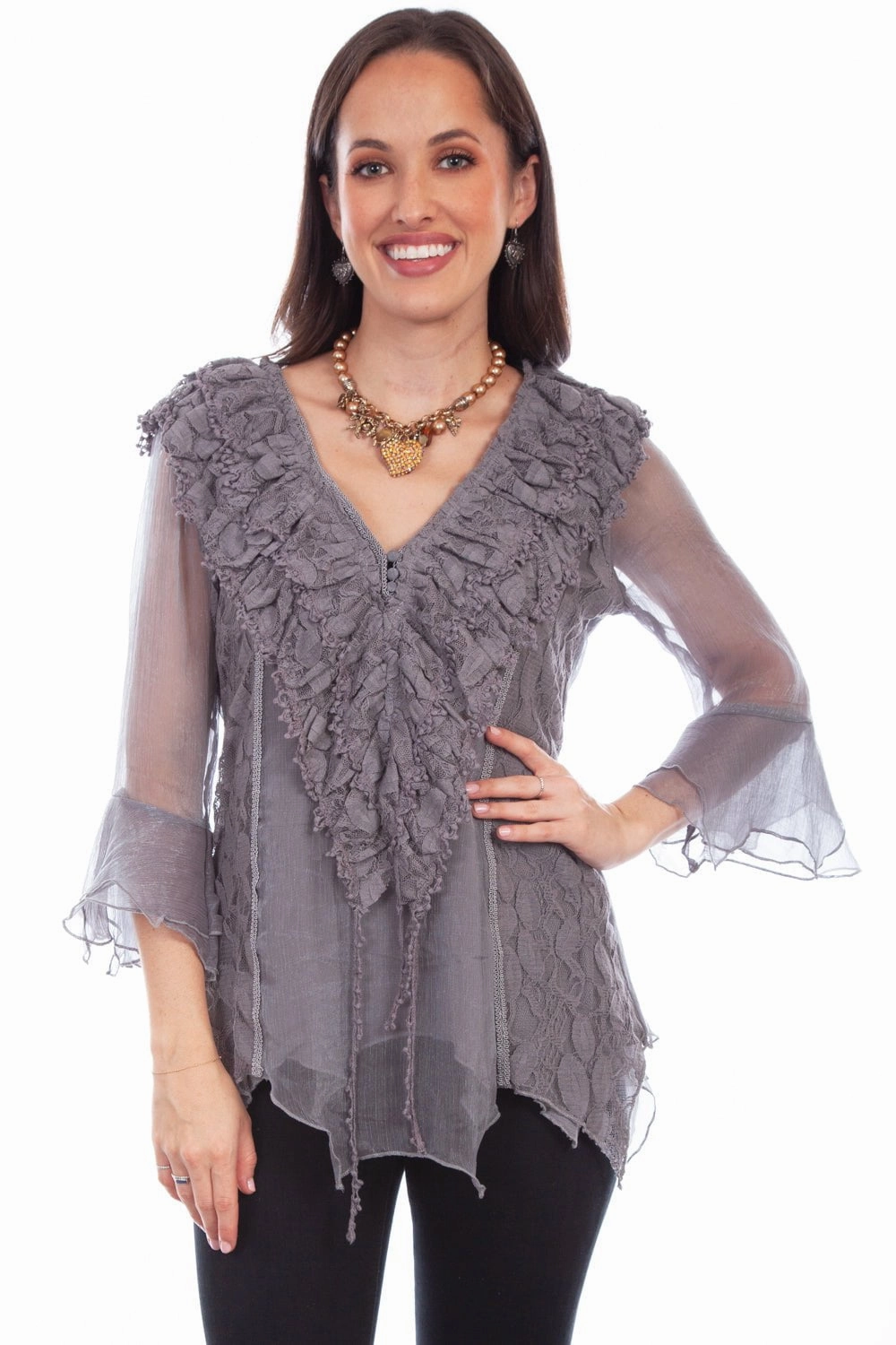 Eco Friendly Material Military Inspired Scully Womens Grey Cotton Blend Double Ruffle S/S Blouse