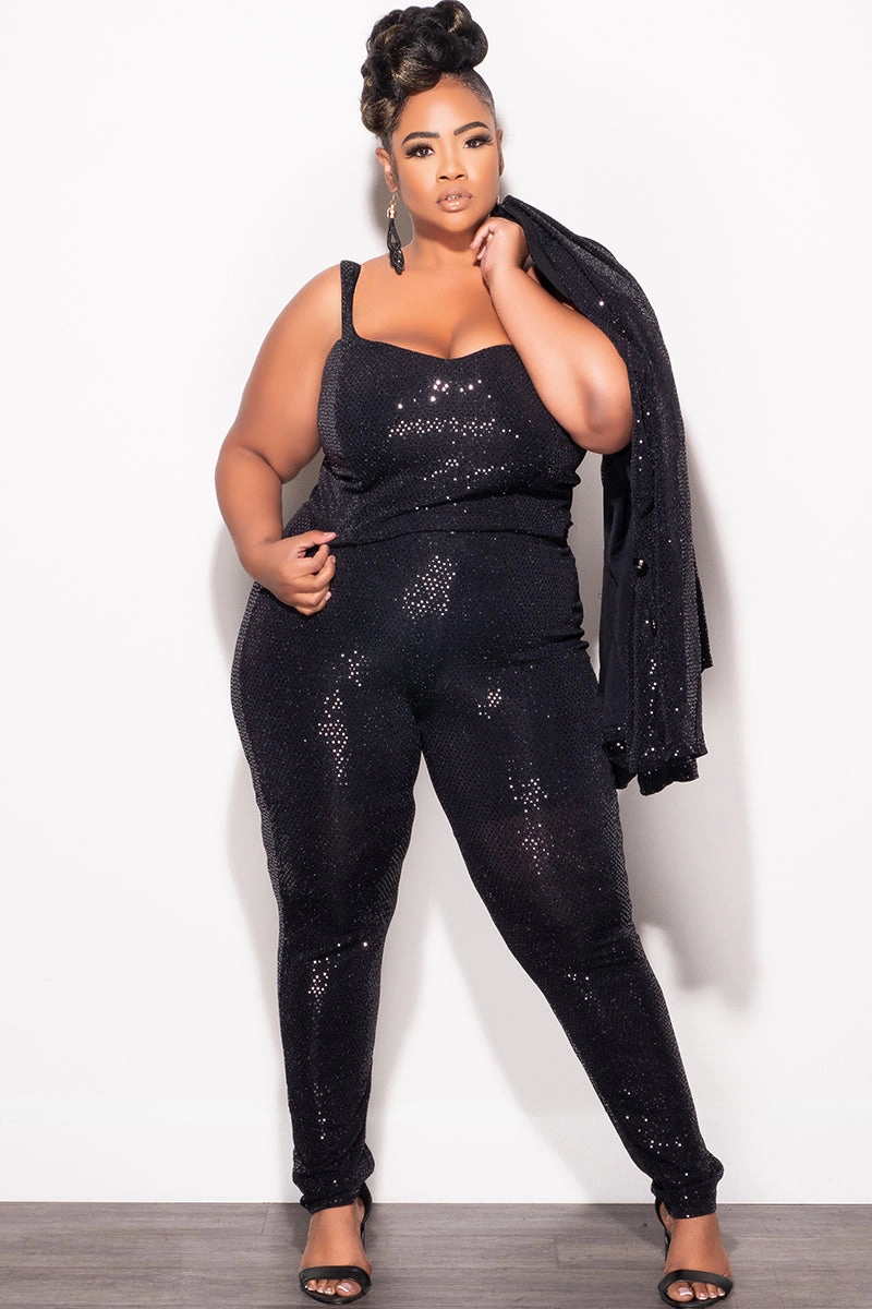 Cozy Wear TearResistantMaterial Final Sale Plus Size 3pc Confetti Dot Knit Sequin Pant Set in Black (Tapered Leg)