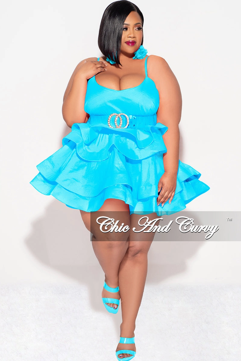 Final Sale Plus Size Spaghetti Strap Tiered Ruffle Mini Dress in Ice Blue Body Ready