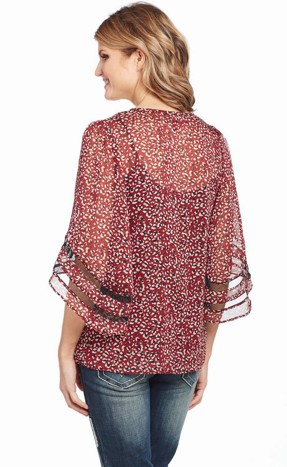 All-Ages Fit Patterned Texture Cowgirl Up Womens Red Polyester Arrow Bell Sleeves Blouse S/S