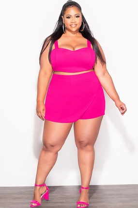 Final Sale Plus Size 2pc Strapless Crop Top and Skort Set in Fuchsia FlexibleStretchWeave