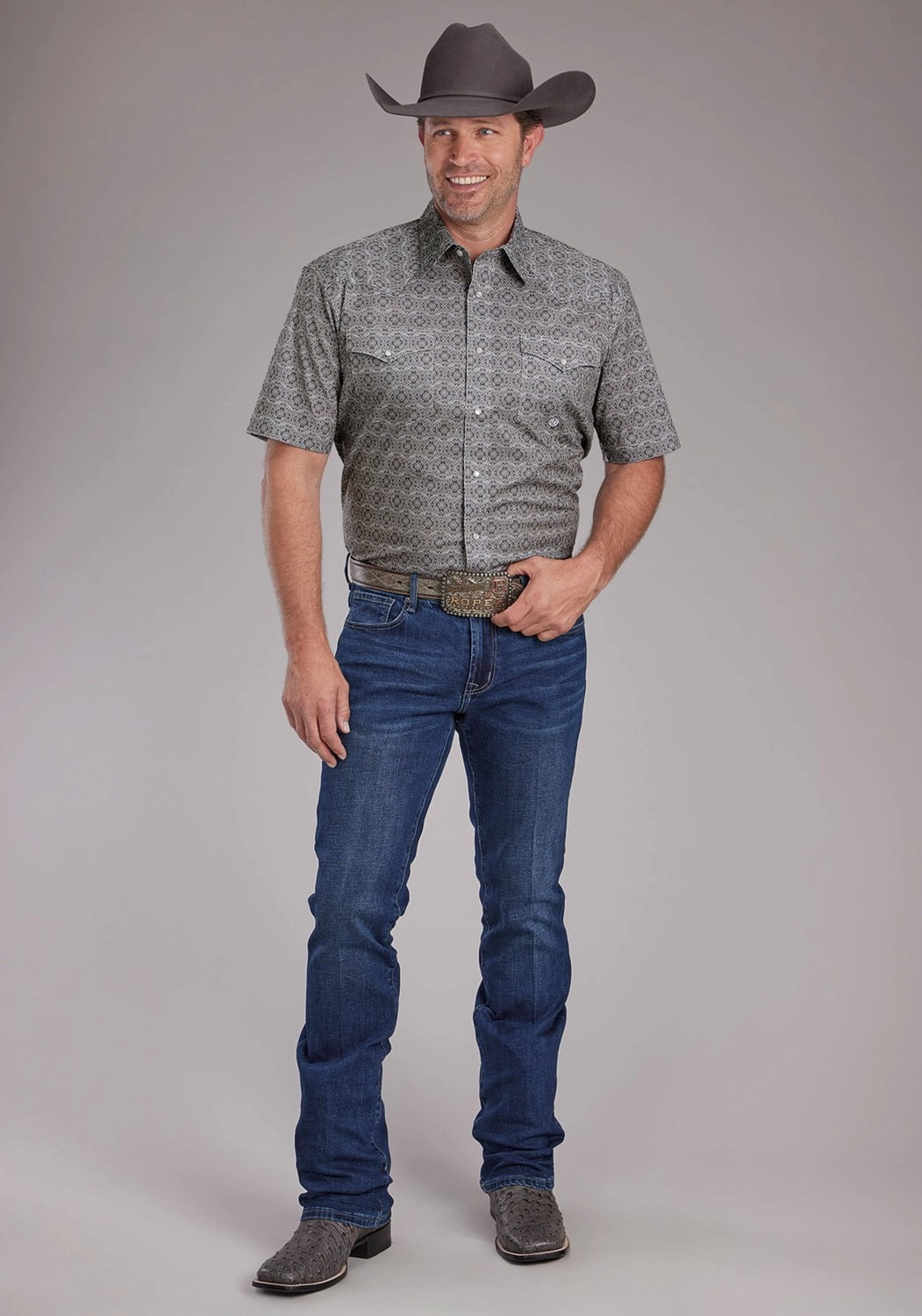 Roper Mens 2383 Medallion Paisley Grey Cotton Blend S/S Shirt Anti Pill Technology