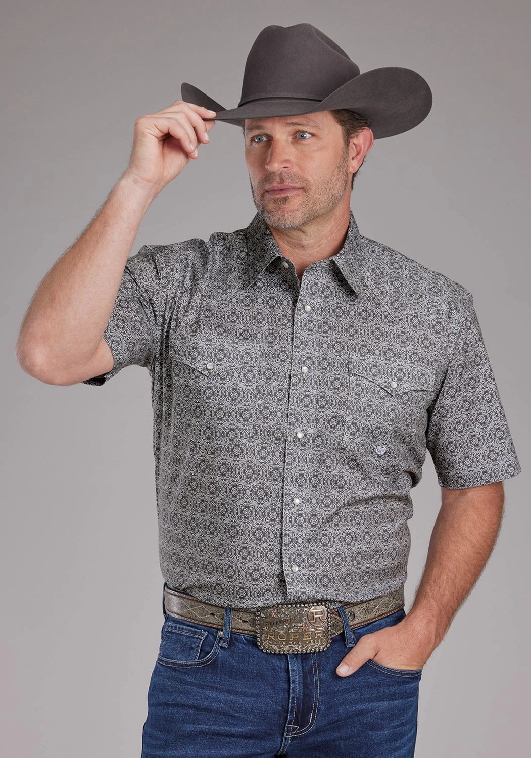 Stretchable Fabric Mature appeal Roper Mens 2383 Medallion Paisley Grey Cotton Blend S/S Shirt