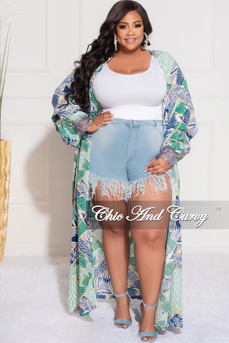 Final Sale Plus Size Sheer Chiffon Duster with Waist Tie and Rhinestone Cuff in Green Multi Color Print Fashion Staple Comfy Waistband