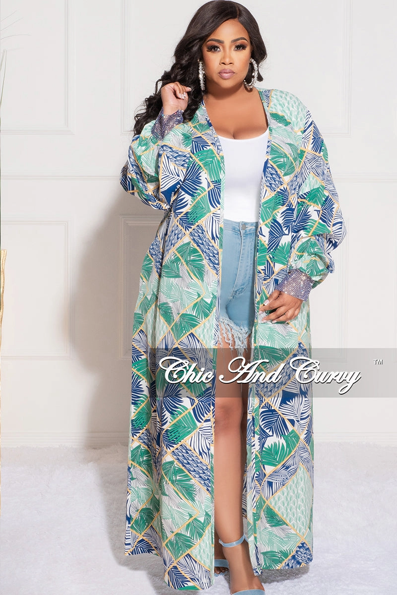 Heat Dissipating Chilly Day Ready Final Sale Plus Size Sheer Chiffon Duster with Waist Tie and Rhinestone Cuff in Green Multi Color Print