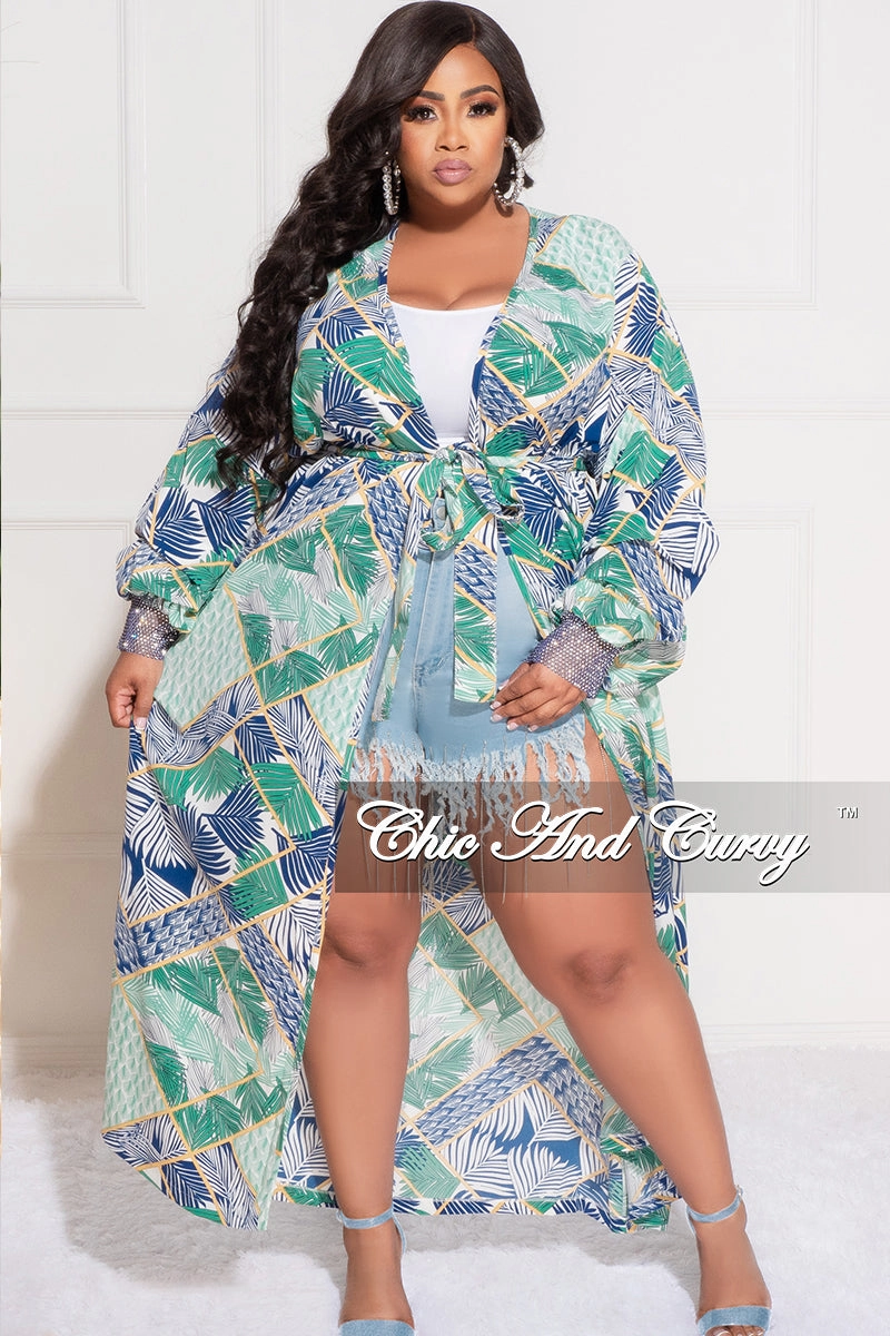 Final Sale Plus Size Sheer Chiffon Duster with Waist Tie and Rhinestone Cuff in Green Multi Color Print Transitional Style