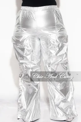 Full Coverage Final Sale Plus Size Metallic Cargo Pants In Silver
