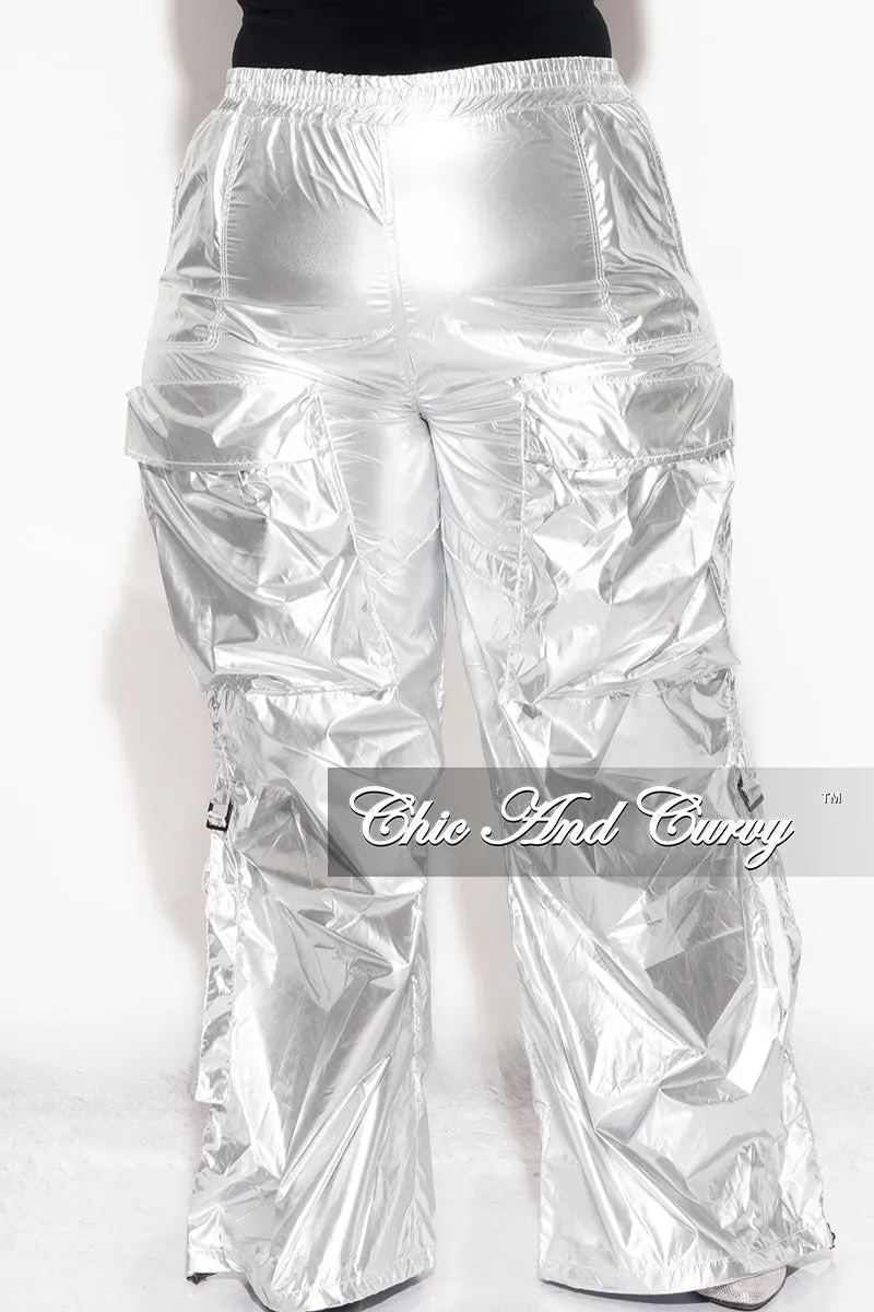 Full Coverage Final Sale Plus Size Metallic Cargo Pants In Silver