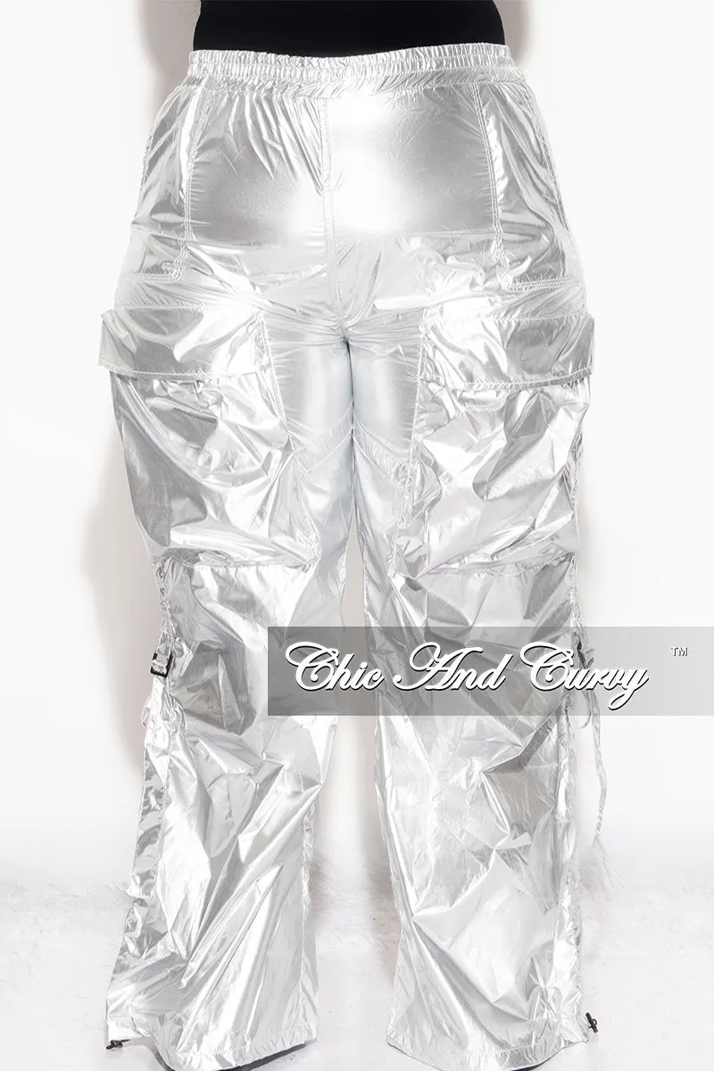 Final Sale Plus Size Metallic Cargo Pants In Silver Full Flex MultiPocketDesign