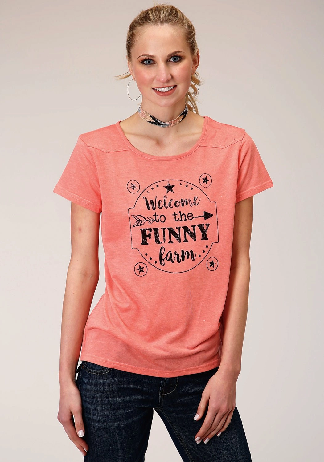 Roper Womens Funny Farm Pink Poly/Rayon S/S T-Shirt Bold colors Practical Choice