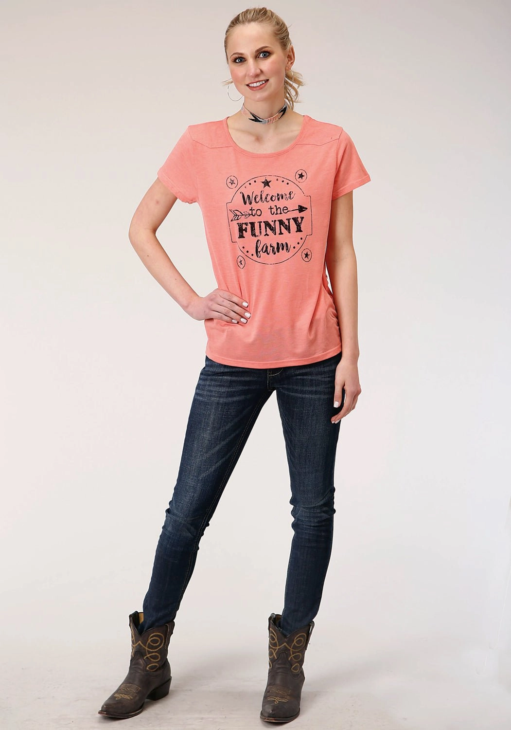Bold Print Roper Womens Funny Farm Pink Poly/Rayon S/S T-Shirt