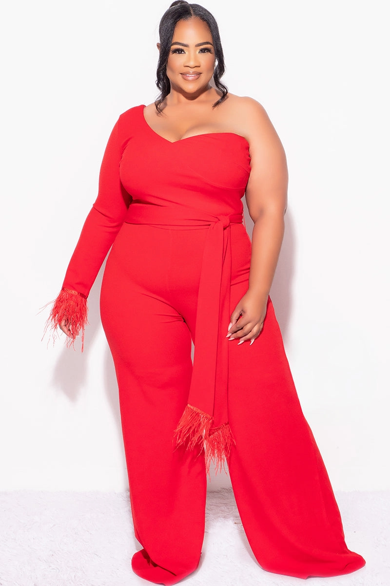 Final Sale Plus Size One Shoulder Long Sleeve Feather Cuff Jumpsuit with Tie in Red Quick-Dry Fabric Casual Pullover