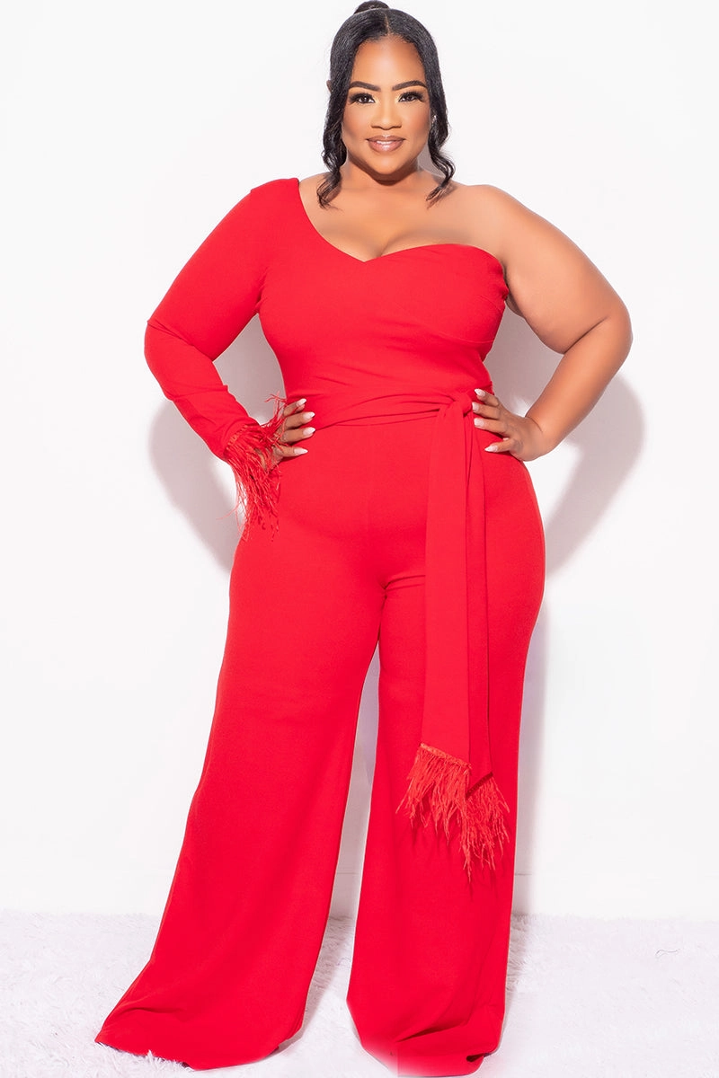 Final Sale Plus Size One Shoulder Long Sleeve Feather Cuff Jumpsuit with Tie in Red Casual Comfort Look Sleek Layers