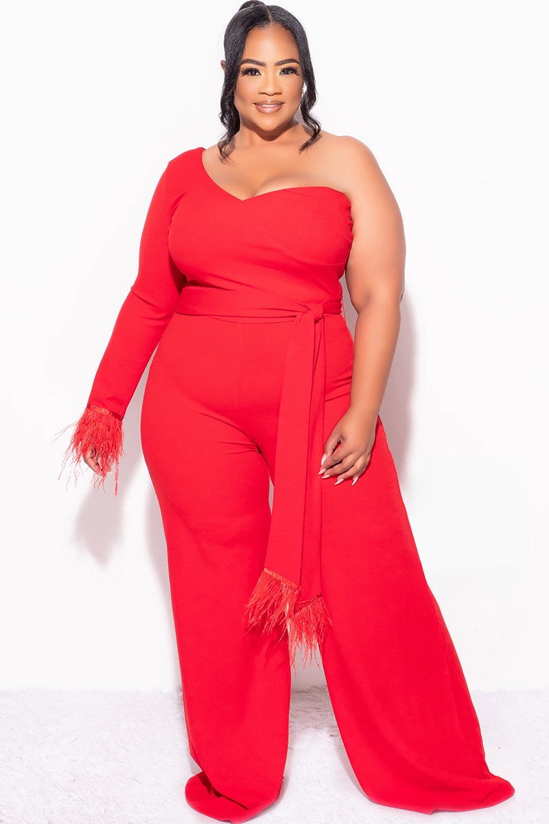 Final Sale Plus Size One Shoulder Long Sleeve Feather Cuff Jumpsuit with Tie in Red Skin Friendly Lining Layering Wear