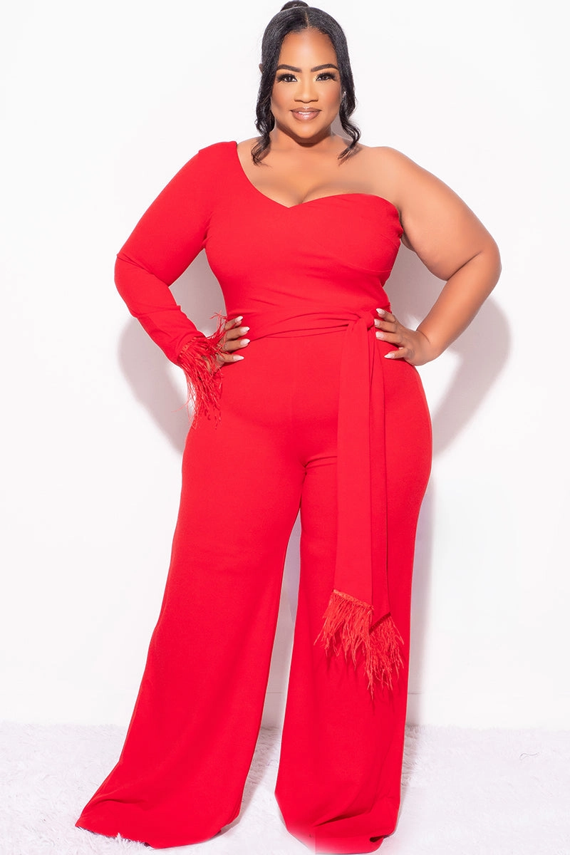 Final Sale Plus Size One Shoulder Long Sleeve Feather Cuff Jumpsuit with Tie in Red Odor Resistant Material