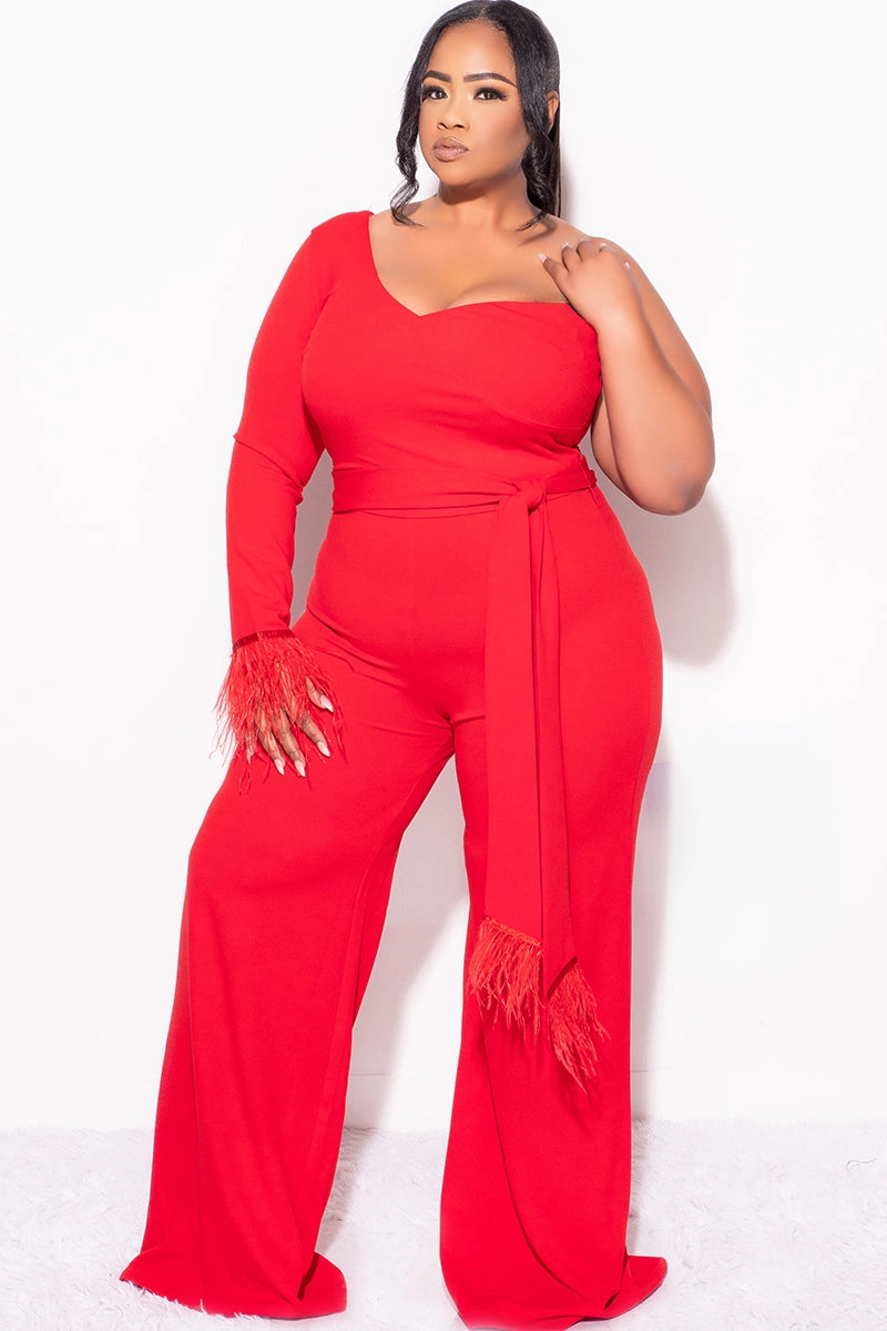 Final Sale Plus Size One Shoulder Long Sleeve Feather Cuff Jumpsuit with Tie in Red Comfort Cushion Neckline Heather Effect Finish