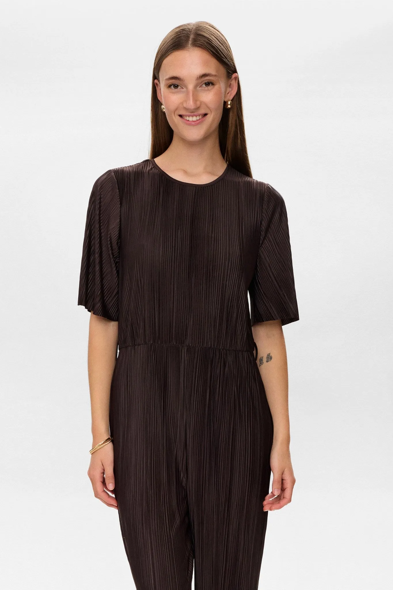 Padded hips Zip Pocket NUCASSY PLISSE JUMPSUIT  - Black Coffee