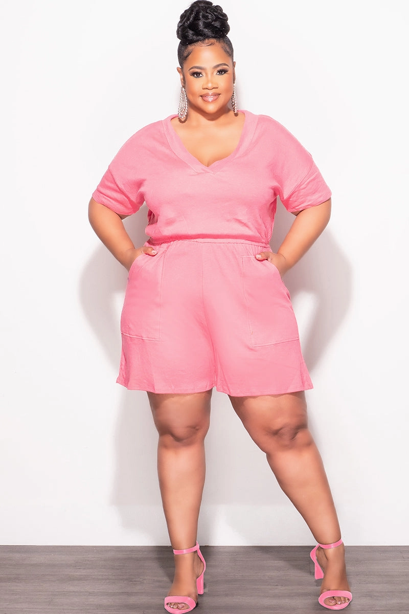 No Fuss Fit Casual Comfort Final Sale Plus Size Short Sleeve French Terry V Neck Romper in Pink