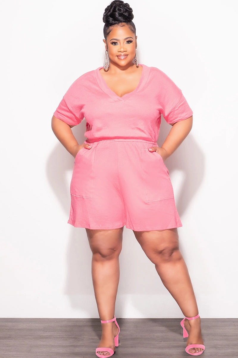 Final Sale Plus Size Short Sleeve French Terry V Neck Romper in Pink Cozy Material