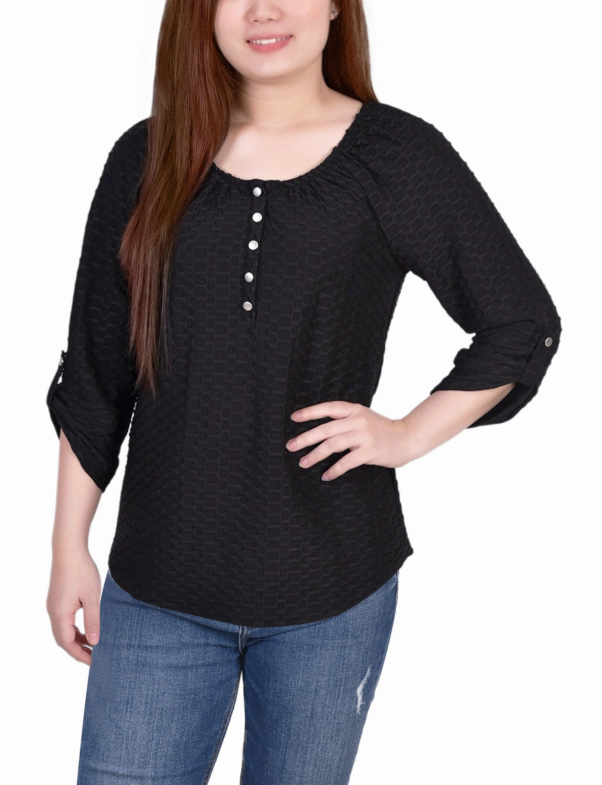 3/4 Sleeve Honeycomb Henley Top Double Needle Hemming