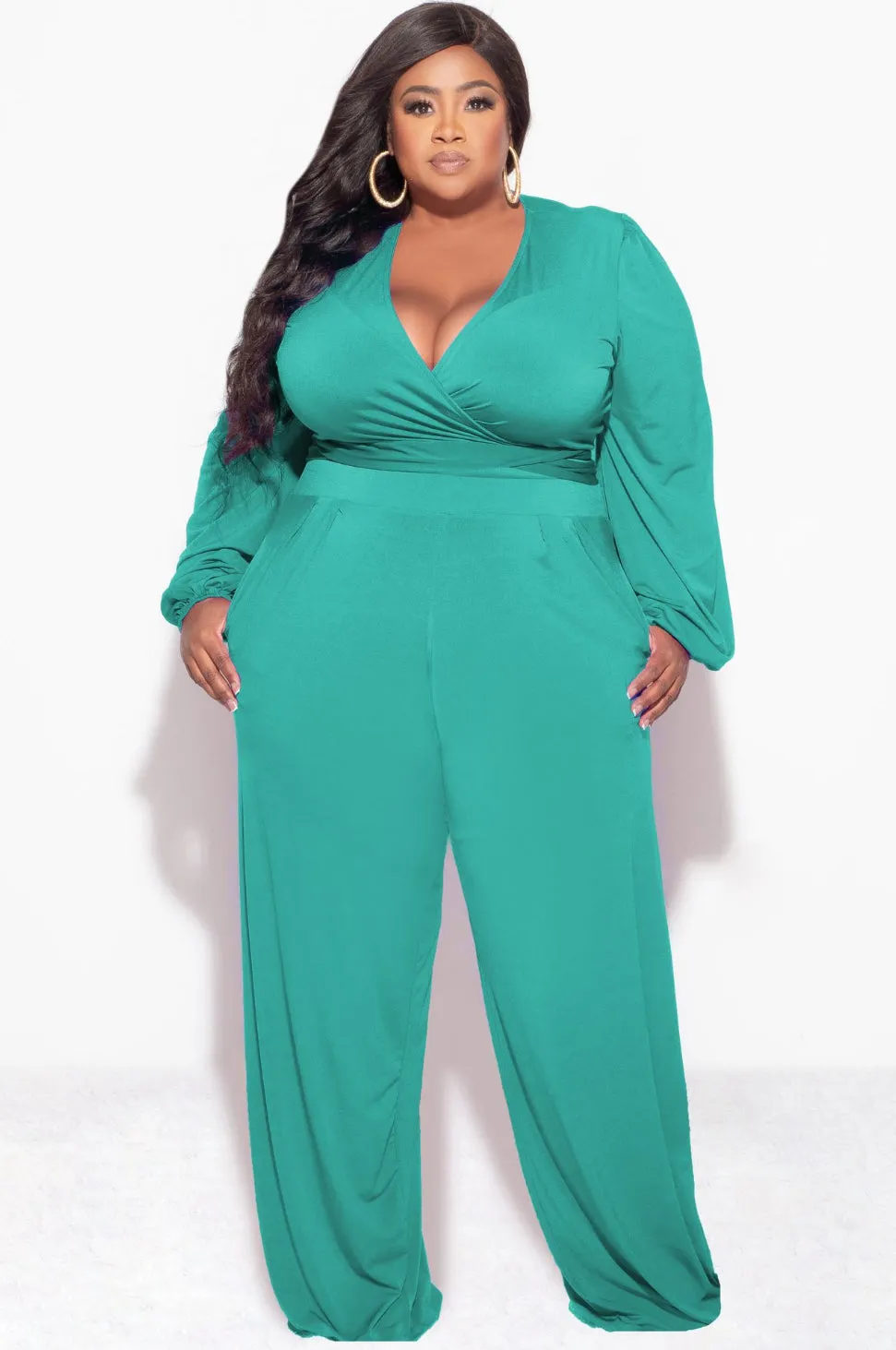 Gripper Waistband Classy Fit Final Sale Plus Size 2pc Tie Top & Pants in Green