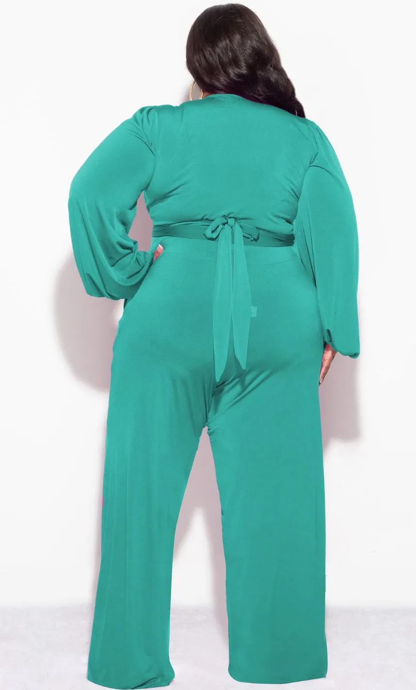 NonIrritatingSeams Final Sale Plus Size 2pc Tie Top & Pants in Green