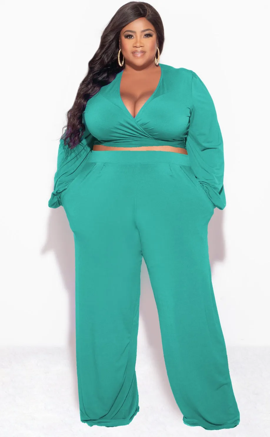 Final Sale Plus Size 2pc Tie Top & Pants in Green UV protection coating Adaptable Fit