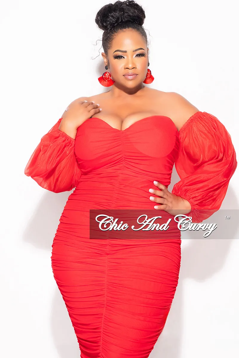 Final Sale Plus Size Mesh Shirring Tube Midi Dress with Mesh Sleeves in Red Timeless Layers No Chafe