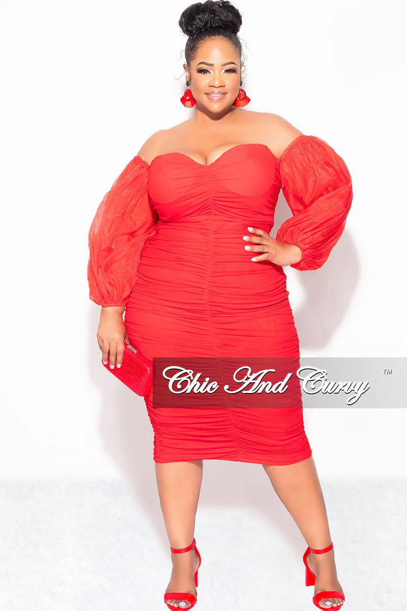 Weekend Style Boho chic Final Sale Plus Size Mesh Shirring Tube Midi Dress with Mesh Sleeves in Red