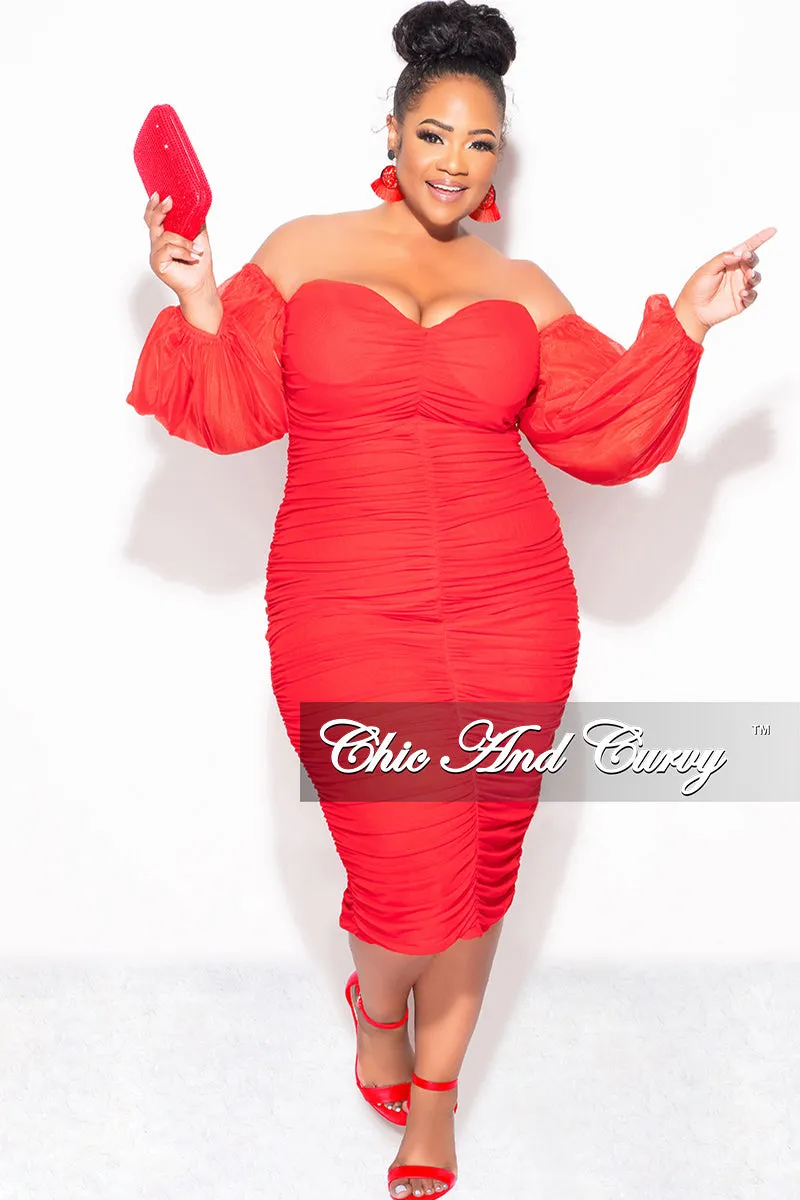 Wrinkle-Resistant Timeless Comfort Final Sale Plus Size Mesh Shirring Tube Midi Dress with Mesh Sleeves in Red