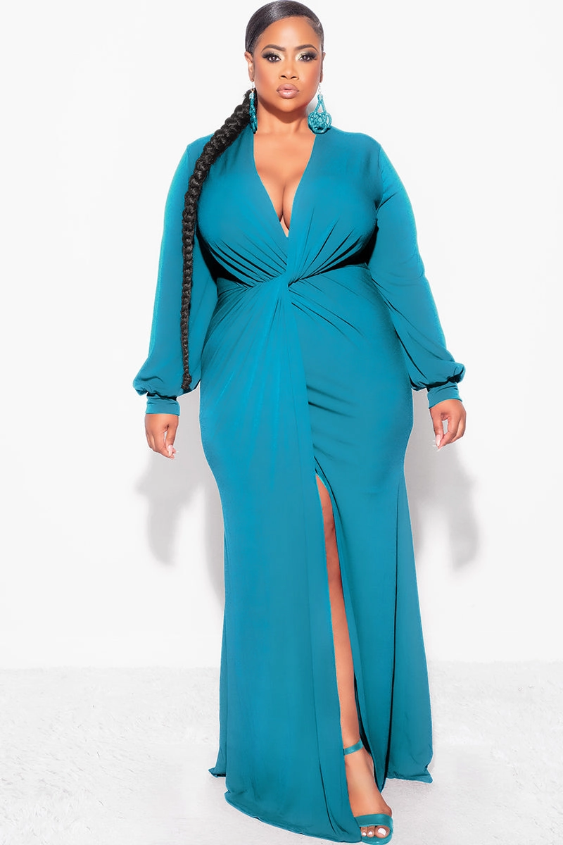 QuickRelease Final Sale Plus Size V-Neck Gown with Twist Front Waist in Teal Green