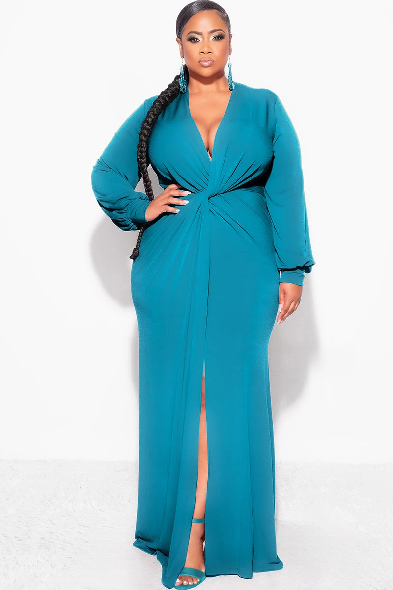 Final Sale Plus Size V-Neck Gown with Twist Front Waist in Teal Green Subtle Embroidery