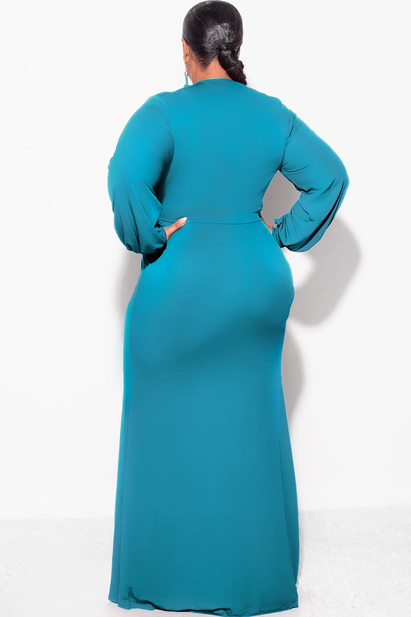 QuickDrySystem Final Sale Plus Size V-Neck Gown with Twist Front Waist in Teal Green