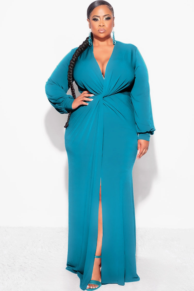 Final Sale Plus Size V-Neck Gown with Twist Front Waist in Teal Green Lightweight insulation LightweightMaterial