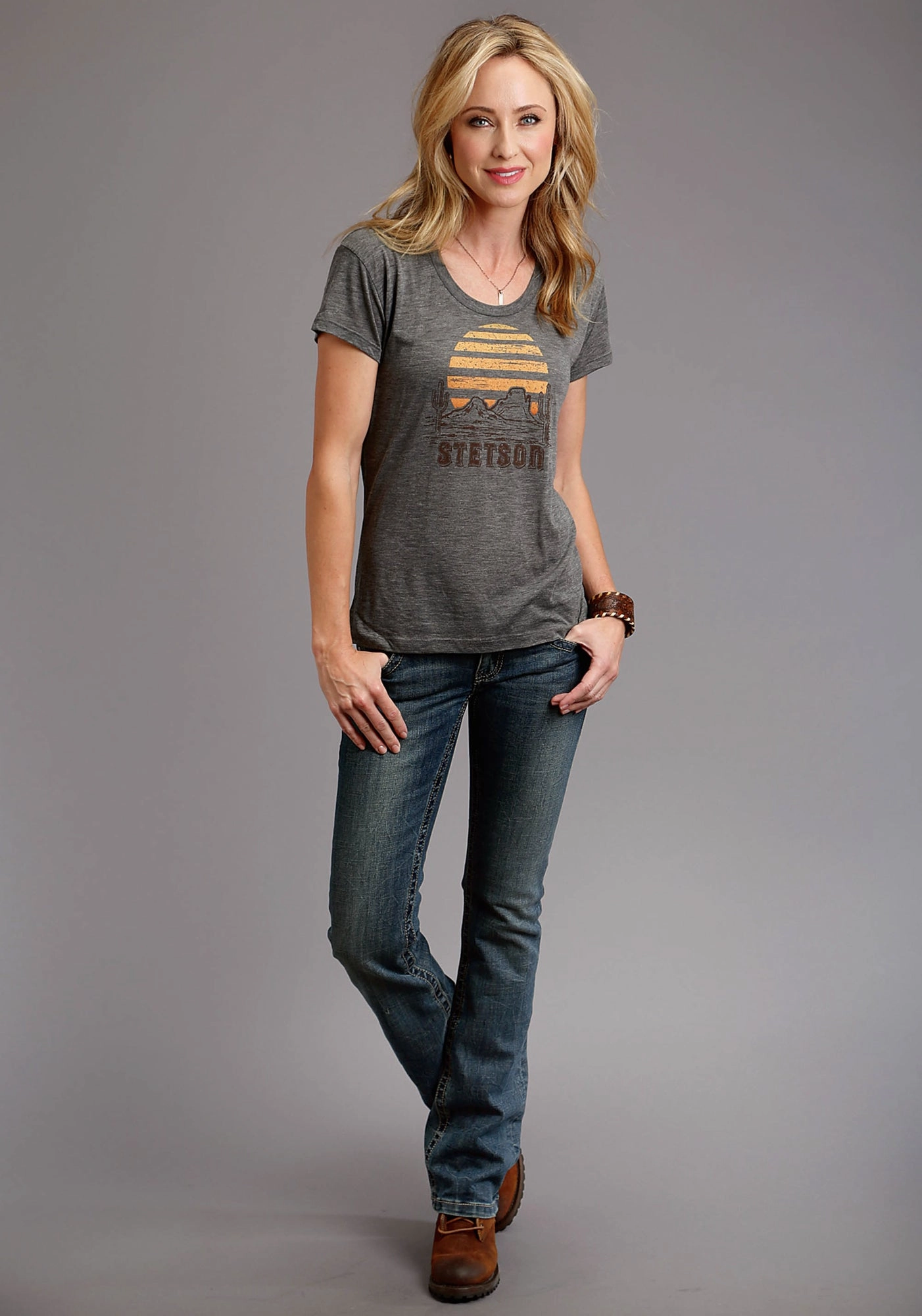 Stetson Womens Grey Poly/Rayon Cactus/Sunset S/S T-Shirt Fashion-Forward