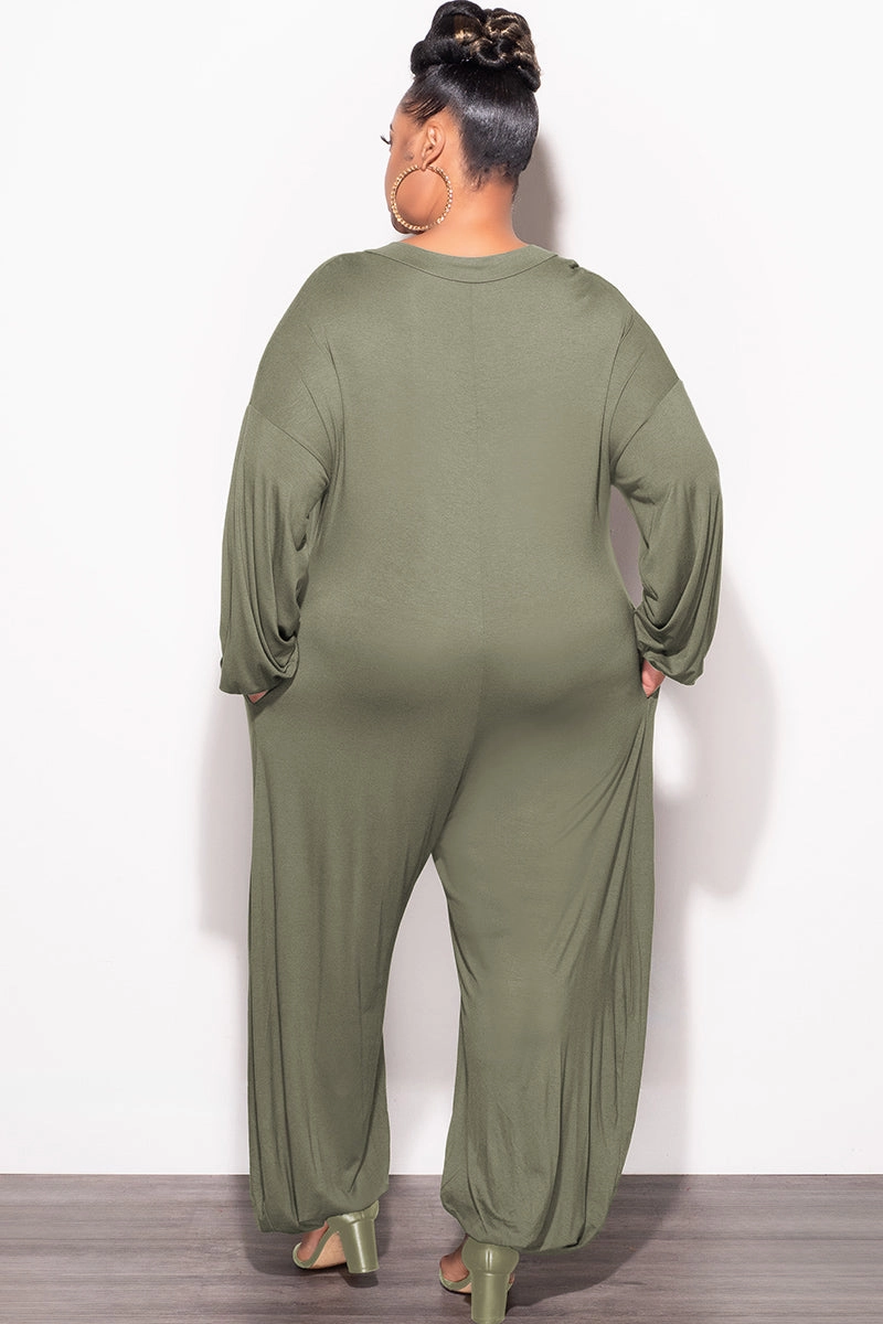 Utility Style Final Sale Plus Size Loose Fit Jumpsuit in Green