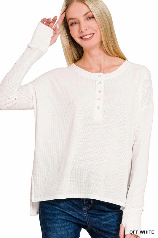 Wendy Waffle Thumb Hole Cuffs Henley Tee Flatlock Seam Design