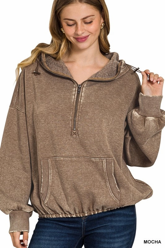 Wendy Washed Drawstring Hem Half Zip Kangaroo Hoodie LowProfileZipperSystem