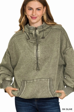 Wendy Washed Drawstring Hem Half Zip Kangaroo Hoodie Odor Neutralizing Technology Elegant Look